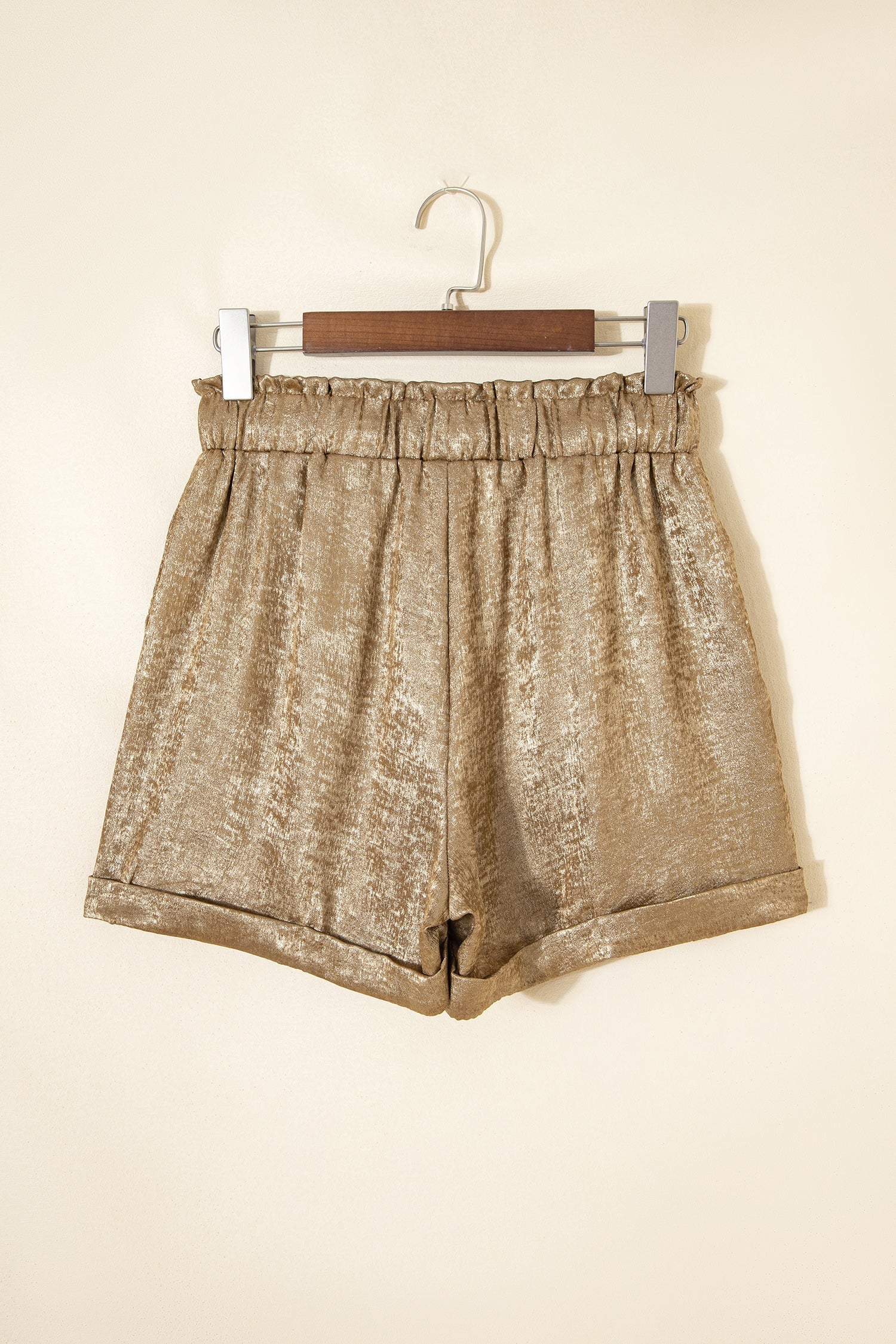 Gold Metallic Luster Tie Elastic Waist Cuffed Hem Shorts
