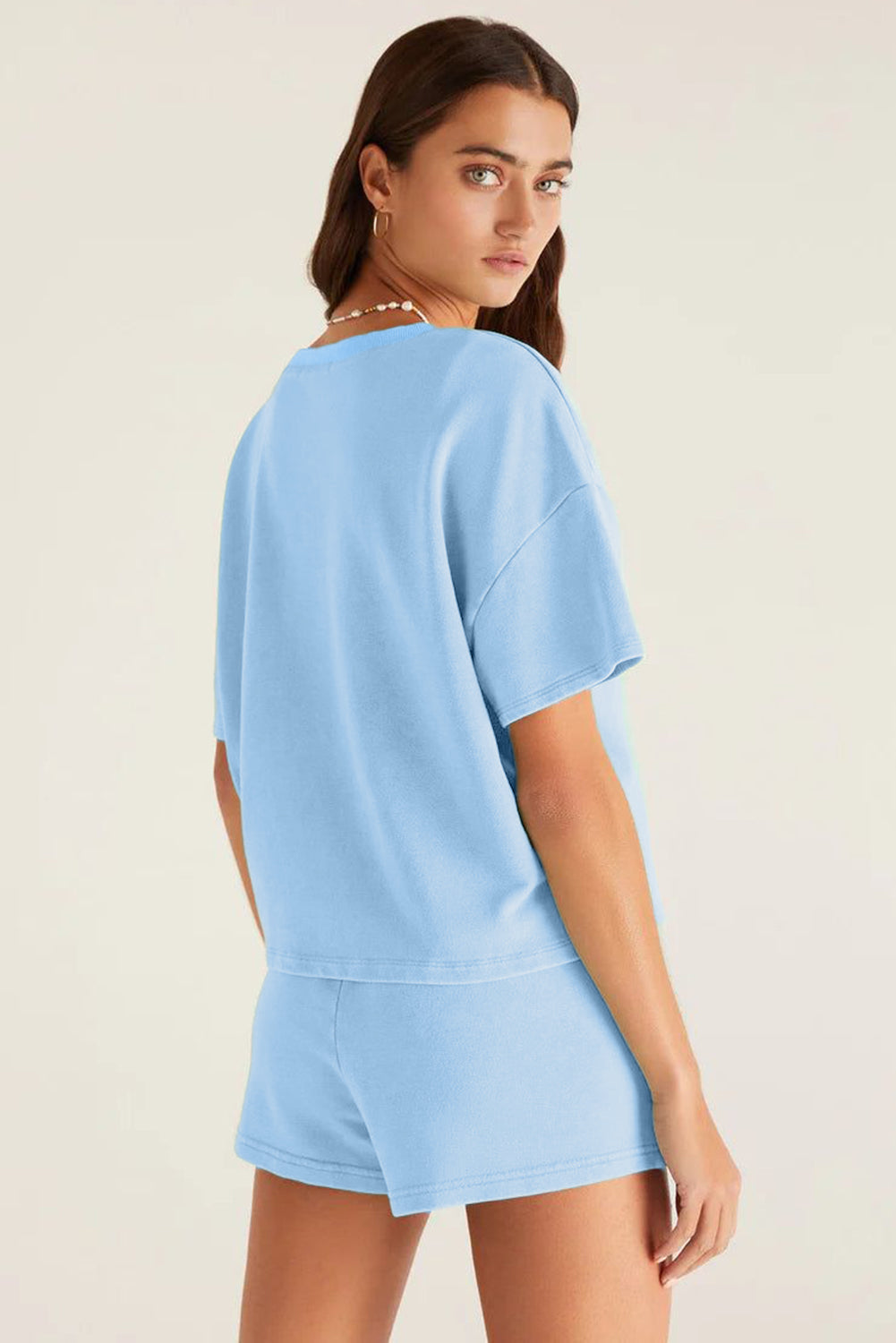 Mint Green V Neck Drop Shoulder Tee and Patchwork Shorts Set