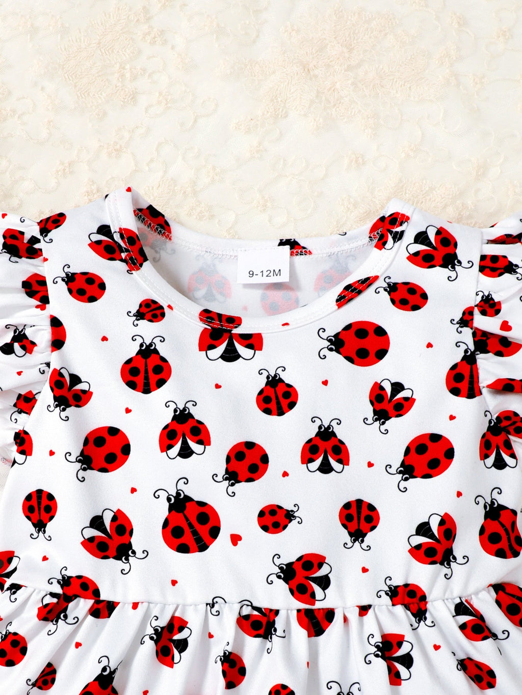 Children's Ladybug Print Ruffle Trim Top & Shorts & Headband Set