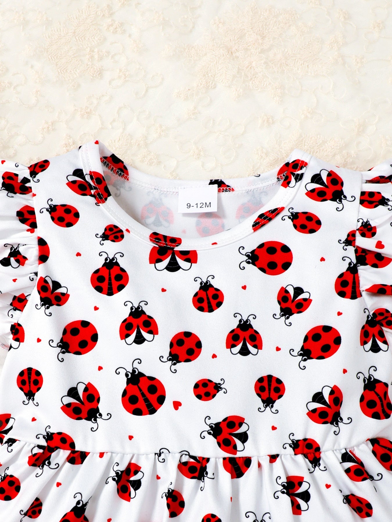 Children's Ladybug Print Ruffle Trim Top & Shorts & Headband Set