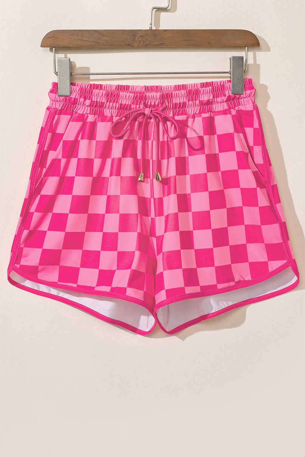 Rose Checkered Drawstring Elastic Waist Casual Shorts