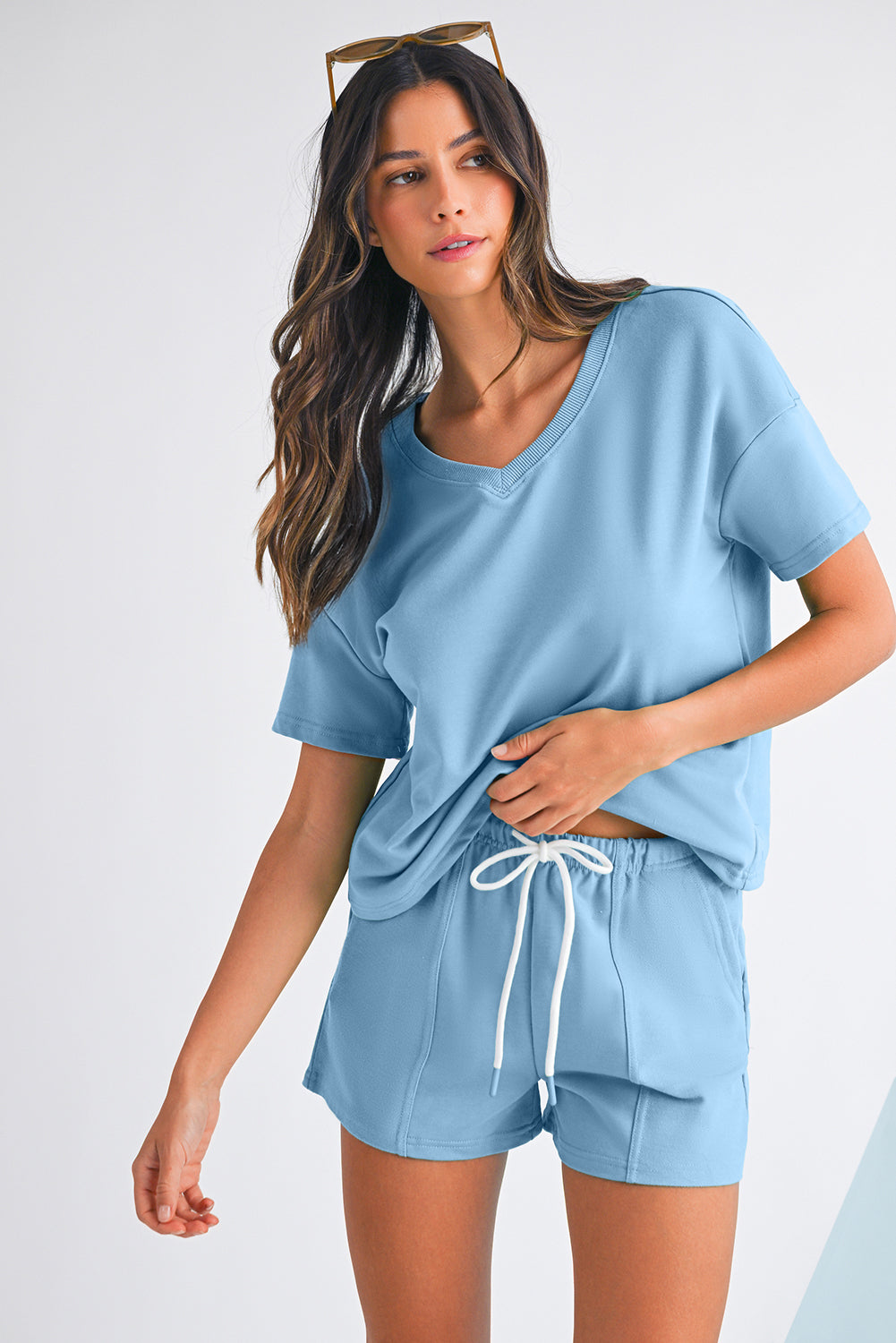Mint Green V Neck Drop Shoulder Tee and Patchwork Shorts Set