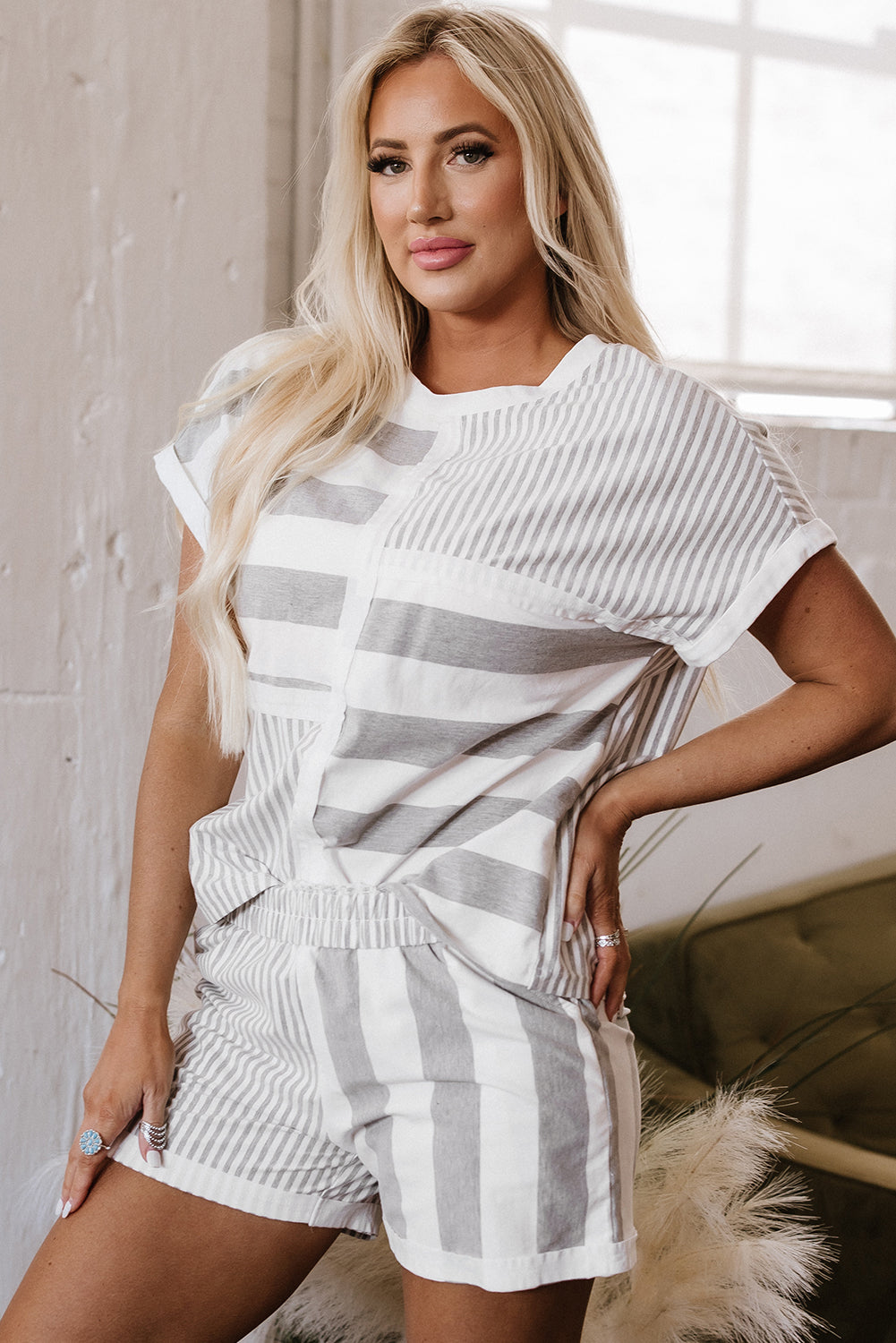 Gray Stripe Mixed Print Short Sleeve Top and Pocketed Shorts Set