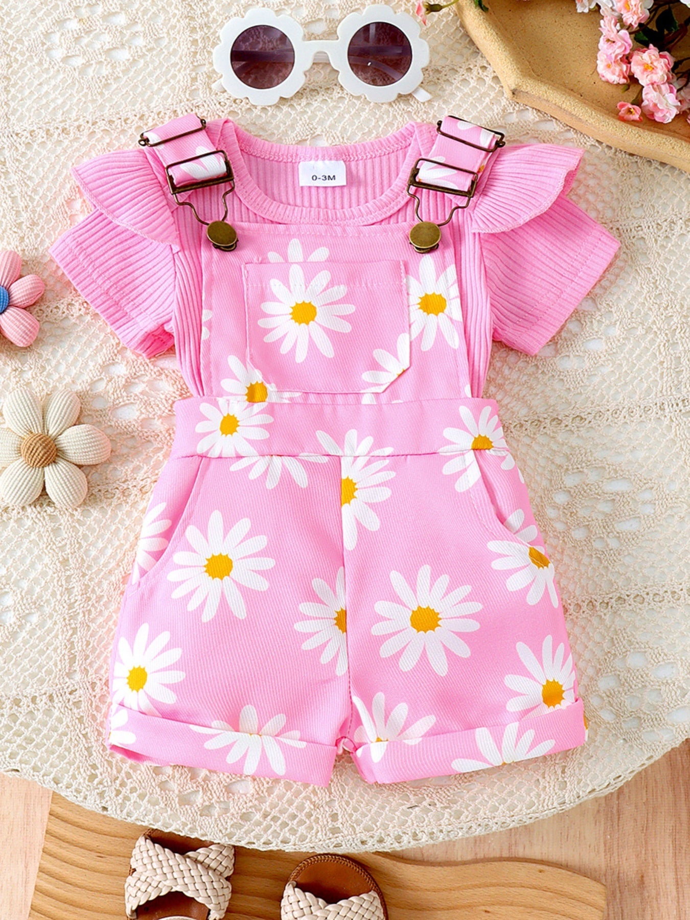 Children's Ruffle Trim Ribbed Top and Daisy Overalls Set