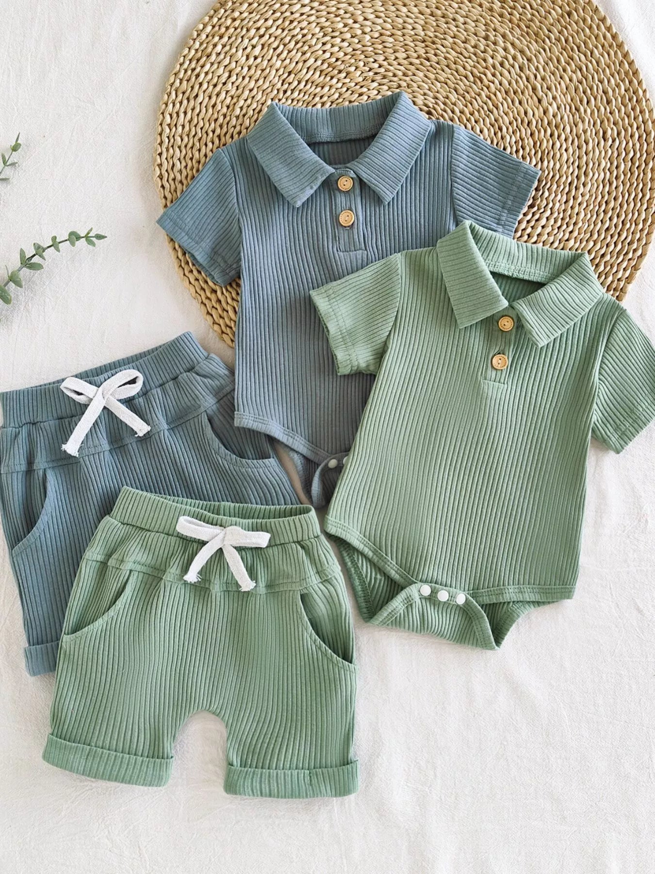 Children's Ribbed Knit Polo Bodysuit & Shorts Set