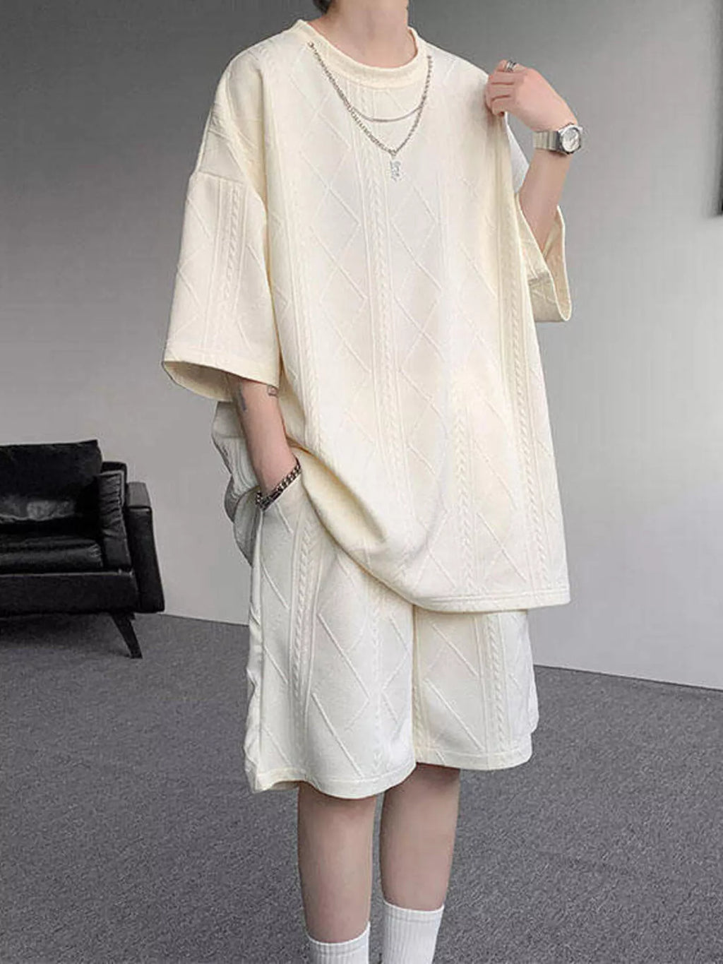 Men's Plus Size Textured Relaxed Fit Top and Shorts Set