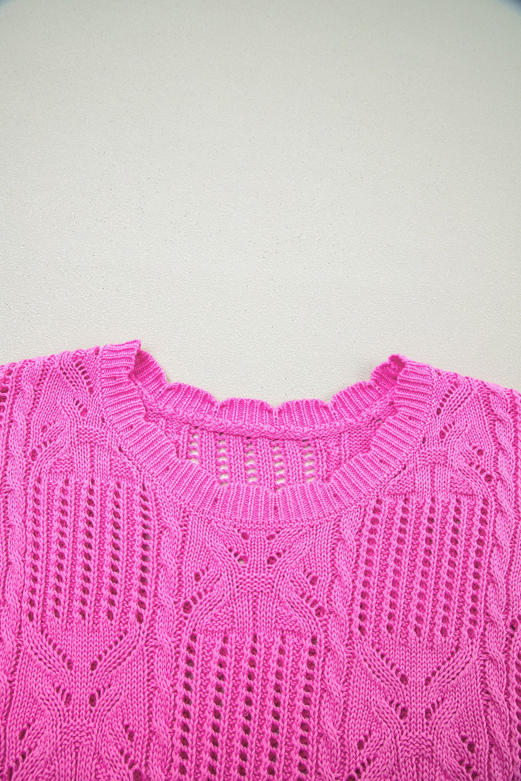 Bonbon Pointelle Knit Patterned Scalloped Trim Short Sleeve Sweater