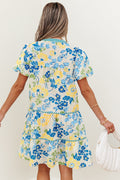 Blue Floral Striped Trim Puff Short Sleeve Dress
