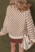 Khaki Stripe Checkerboard Drop Shoulder Balloon Sleeve Sweater