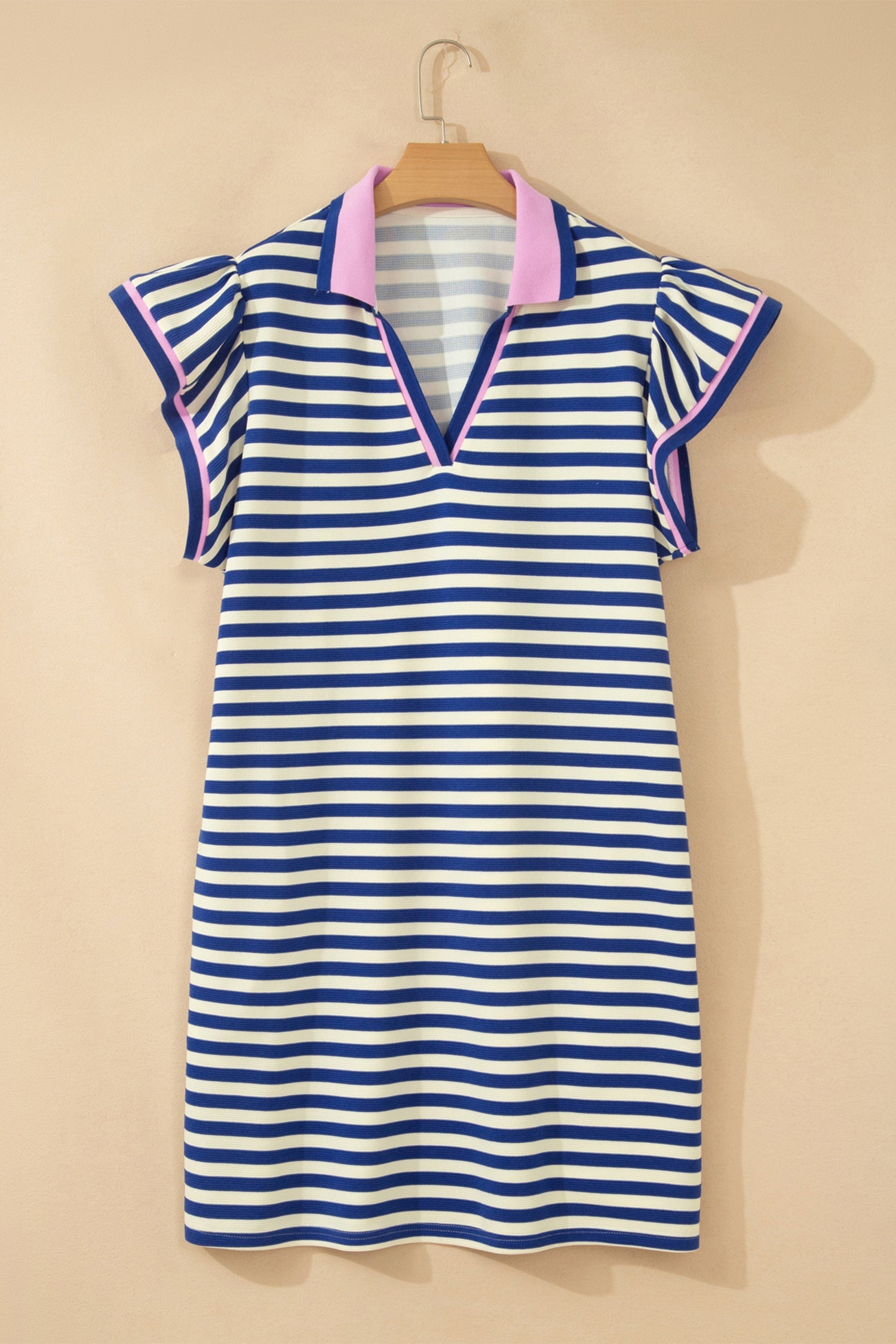 Dark Blue Striped Shift Dress Colorblock V Neck Short Sleeve Casual Summer