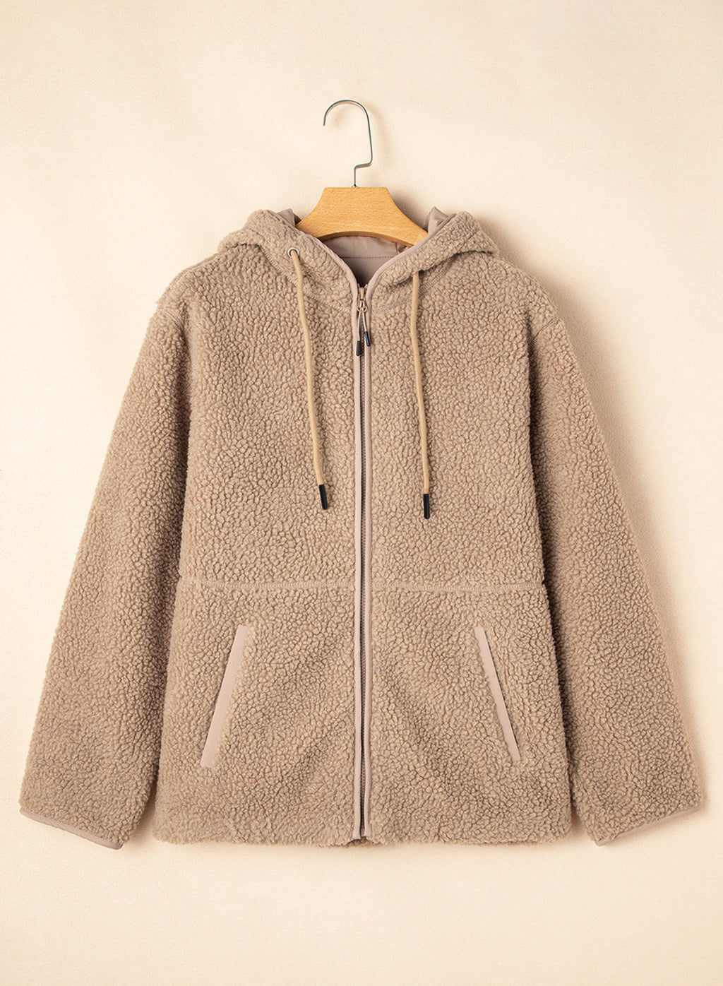 Pale Khaki Fleece Zip Up Drawstring Hooded Pocketed Jacket