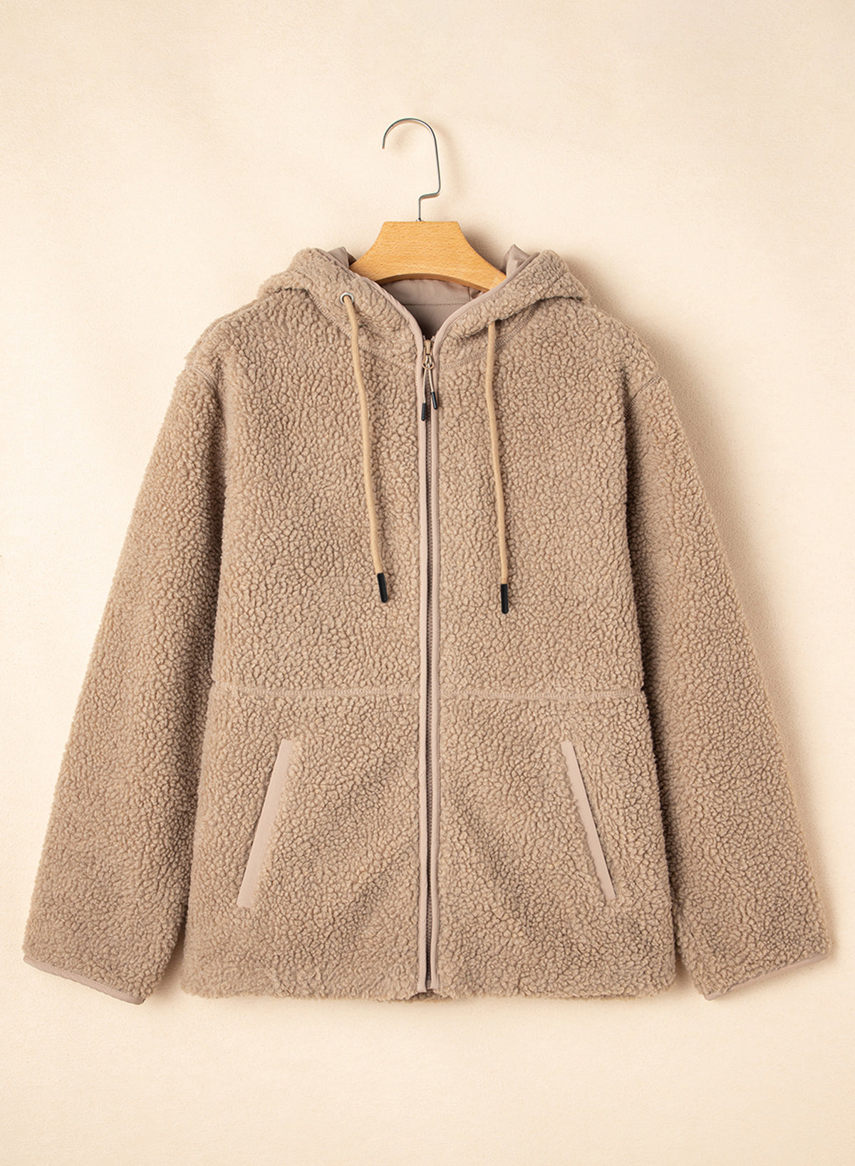Pale Khaki Fleece Zip Up Drawstring Hooded Pocketed Jacket