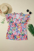 Pink Tropical Floral Print Frilly Notched Neck Ruffled Short Sleeve Blouse