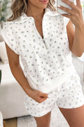 White Floral Print Half Zip Top Matching Short Set