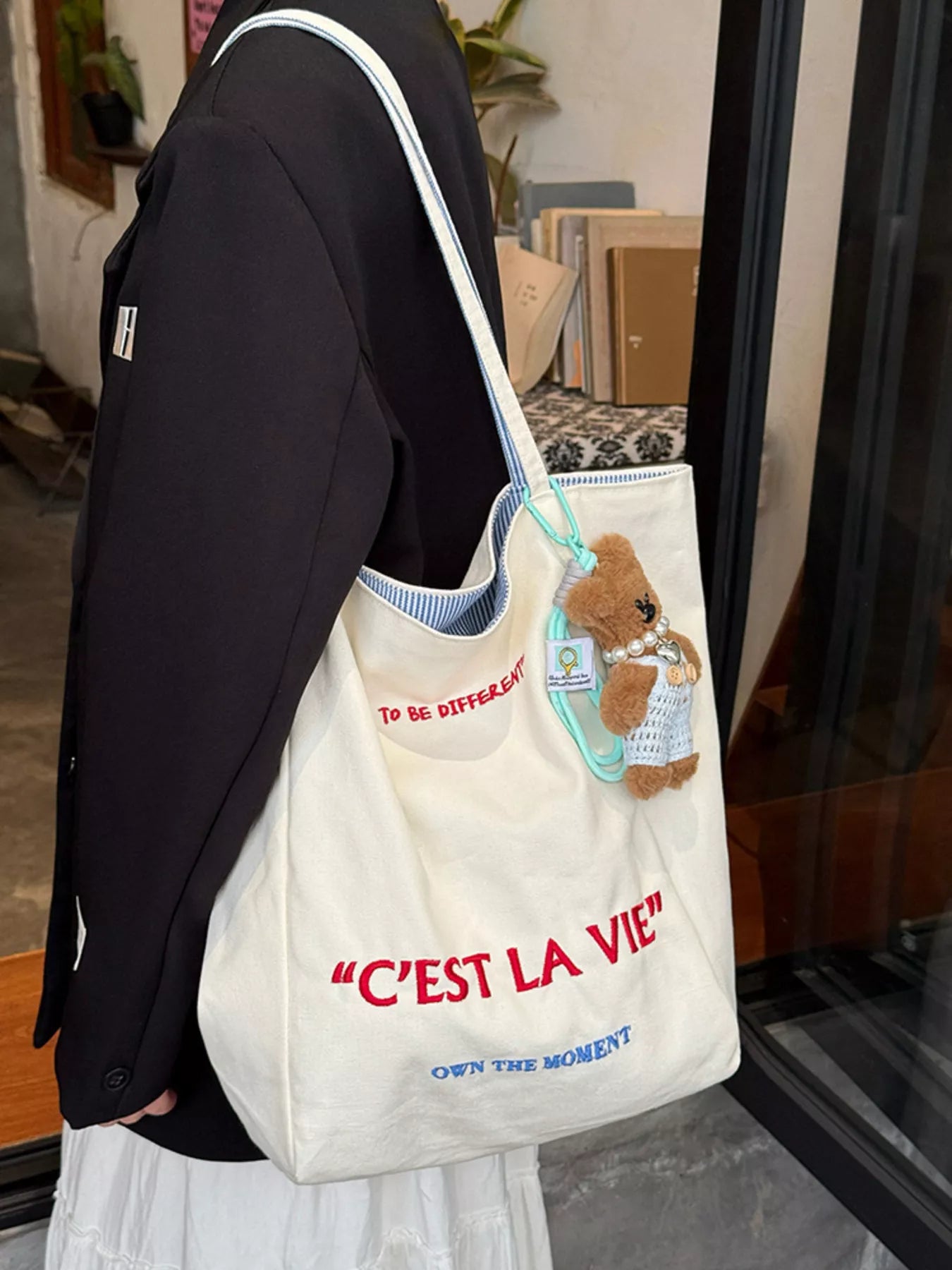 Letter Embroidered Canvas Shoulder Bag