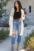 Beige Flower Embroidered Drop Shoulder Open Front Duster Cardigan