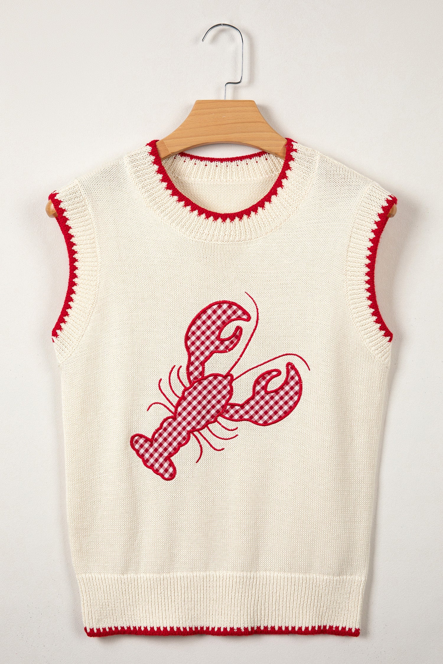 Beige Plaid Crawfish Crew Neck Knit Sweater Vest