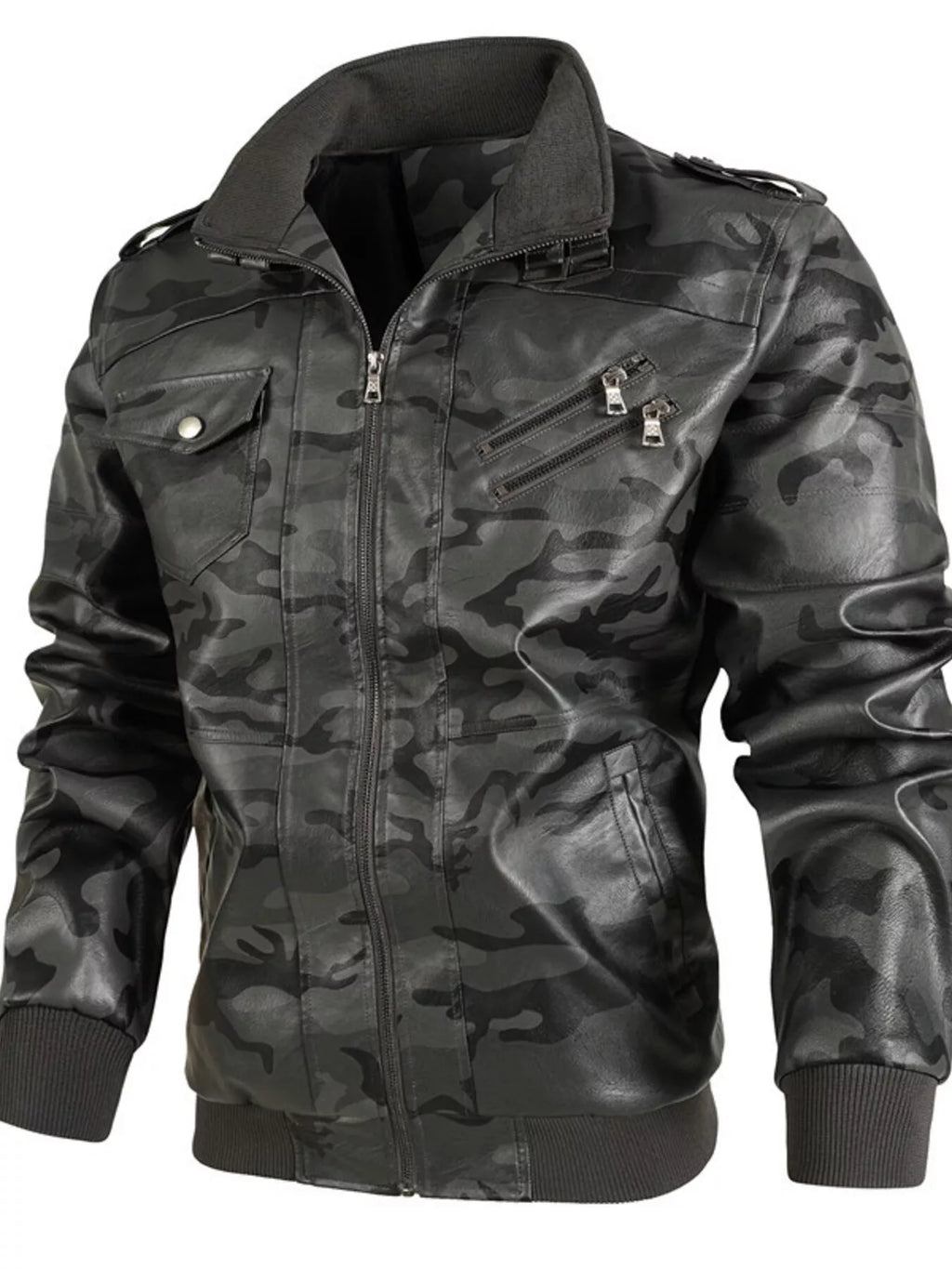 Men's Full Size Zip Up Camouflage Faux Leather Jacket Plus Size