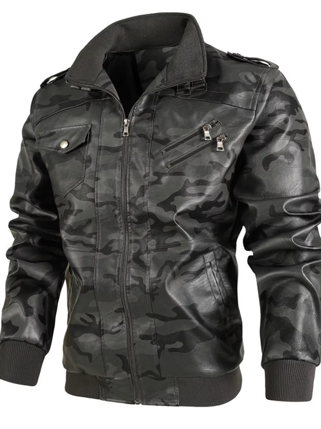 Men's Full Size Zip Up Camouflage Faux Leather Jacket Plus Size