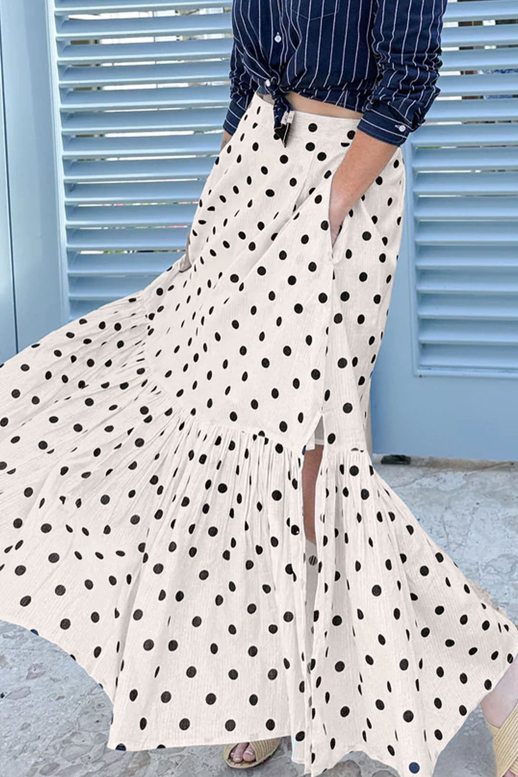 White Polka Dot Ruffled Slit Maxi Skirt