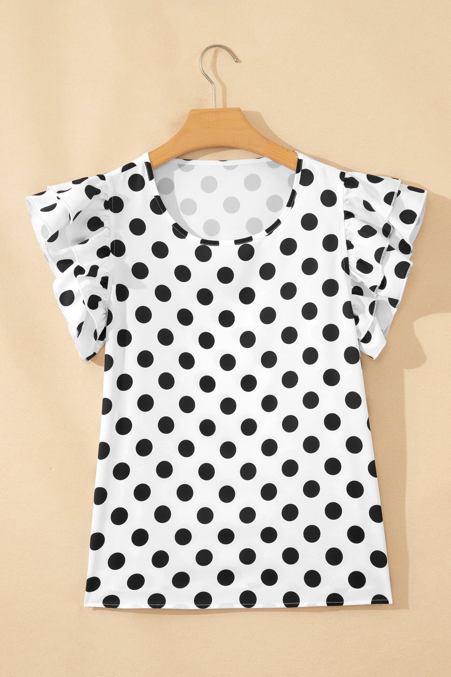 White Polka Dot Print Ruffled Short Sleeve Blouse