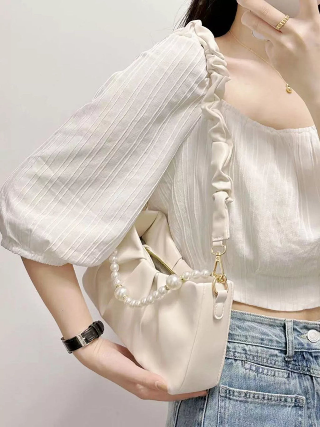 Pearl Embellished Ruched Shoulder Bag