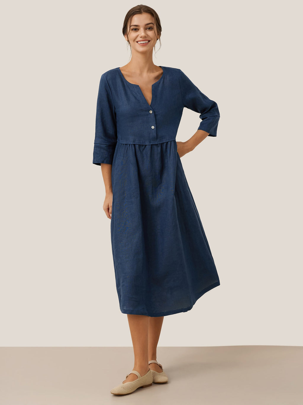100% Linen Loose Fit Button Waist Gathered Midi Dress LUNA