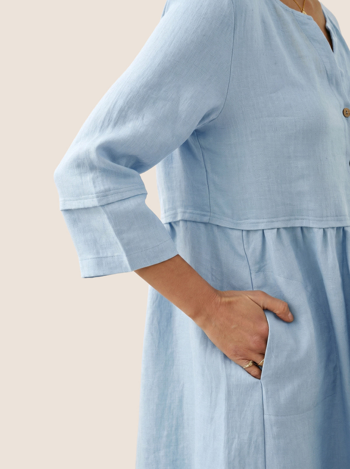 100% Linen Loose Fit Button Waist Gathered Midi Dress LUNA