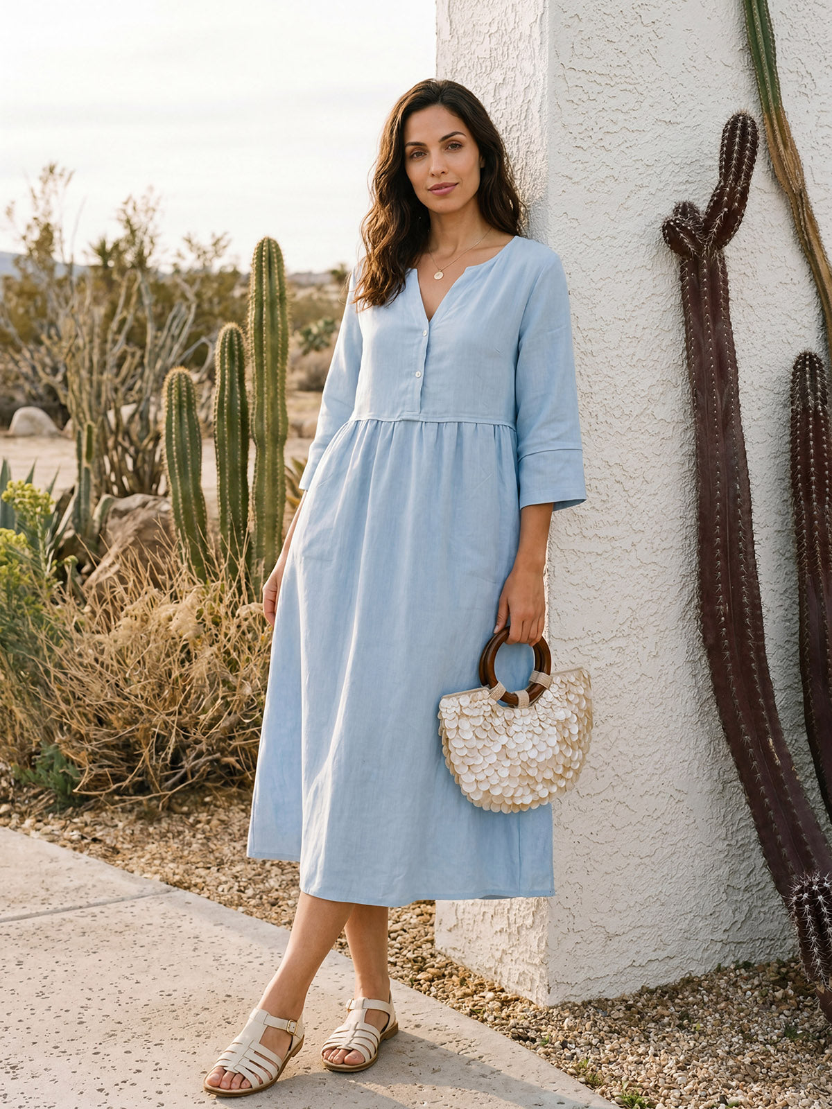 100% Linen Loose Fit Button Waist Gathered Midi Dress LUNA