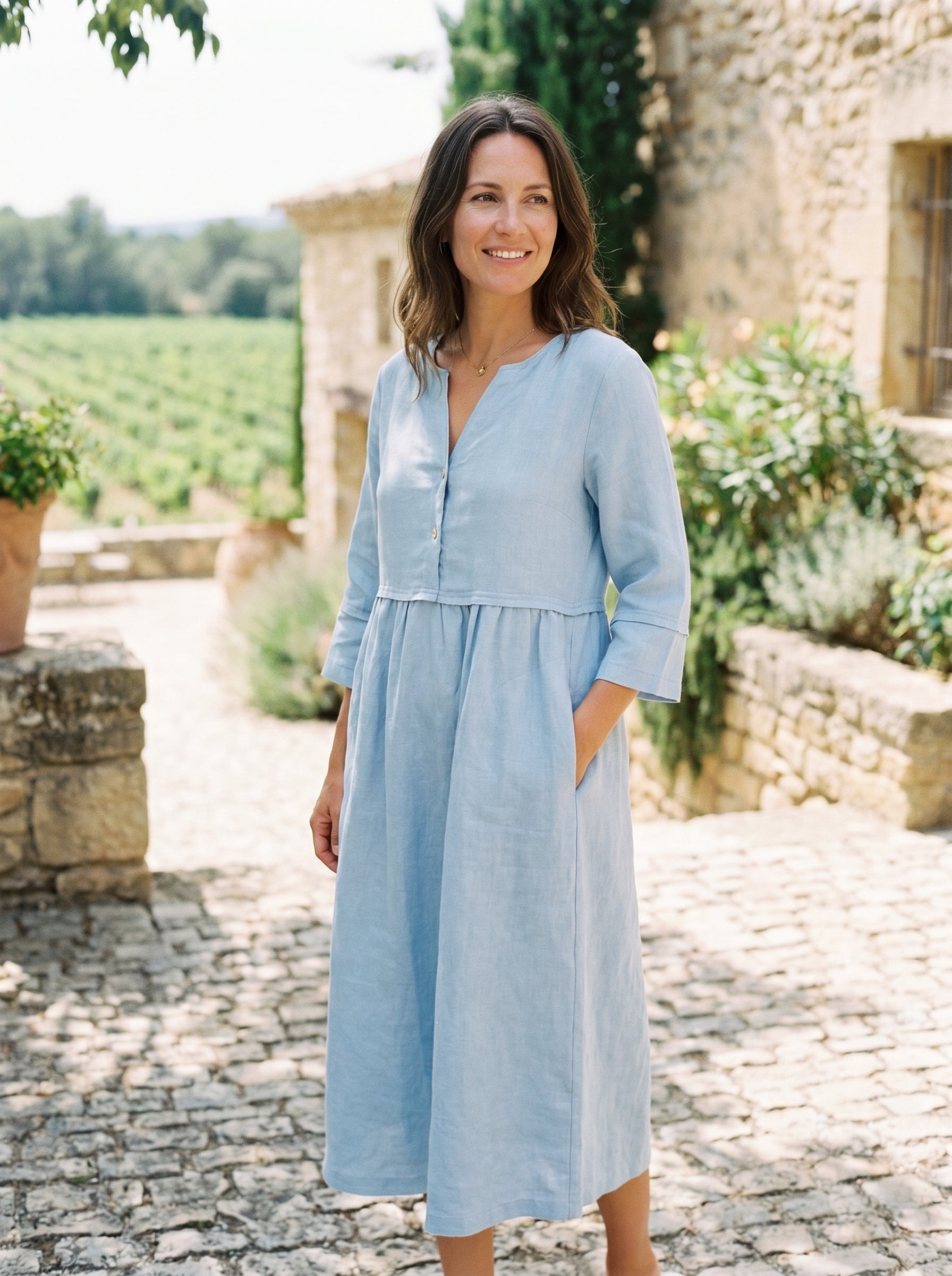 100% Linen Loose Fit Button Waist Gathered Midi Dress LUNA