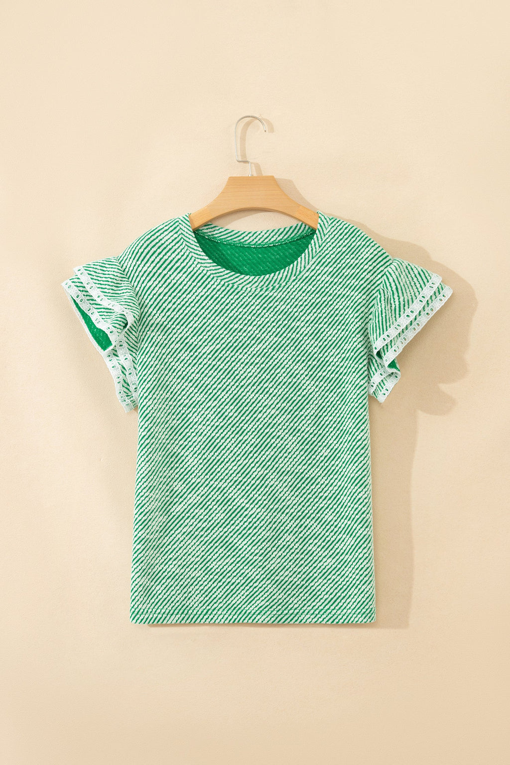 Clearly Aqua Twilled Print Lace Trim Ruffled Short Sleeve Blouse