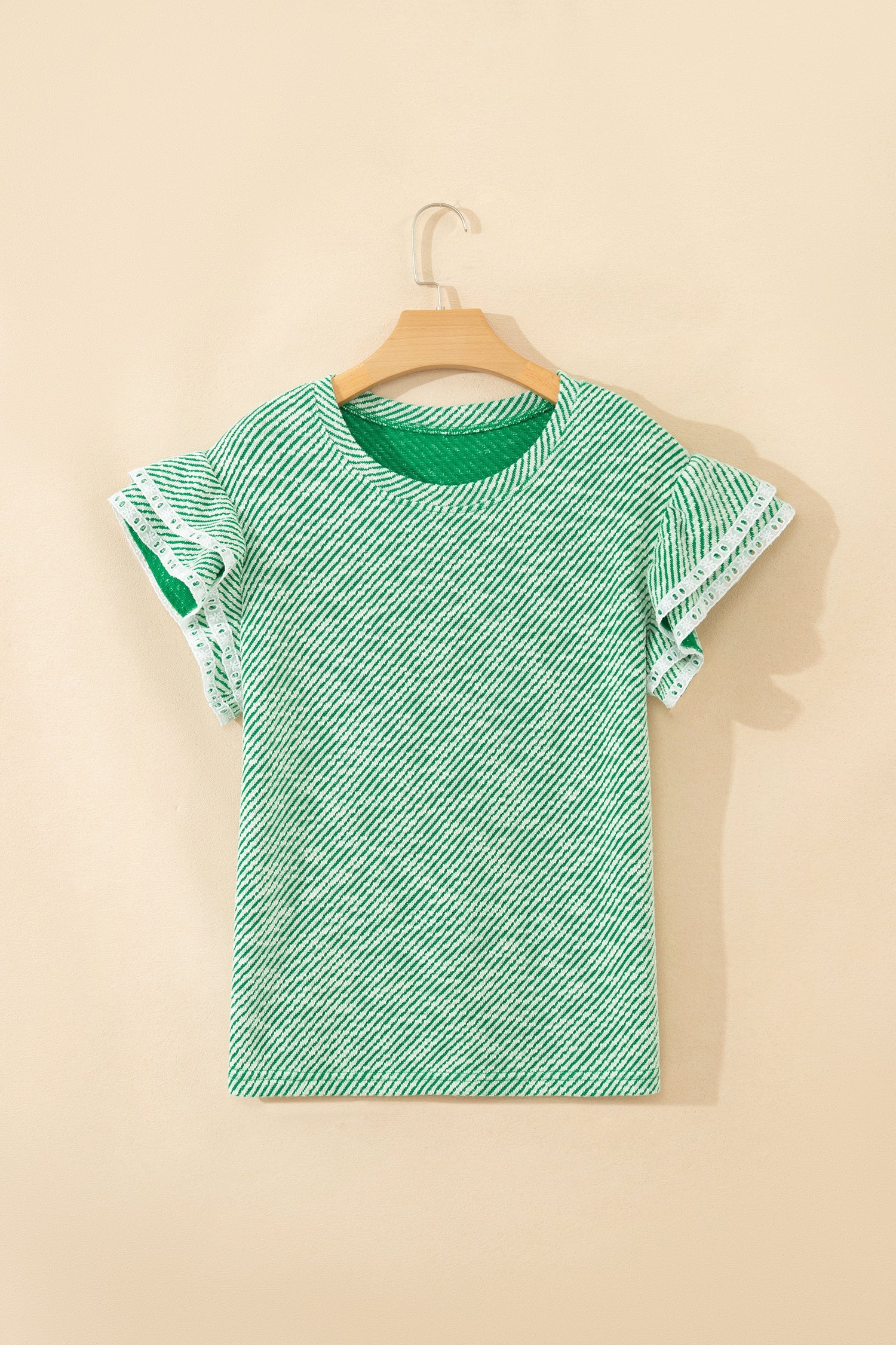 Clearly Aqua Twilled Print Lace Trim Ruffled Short Sleeve Blouse