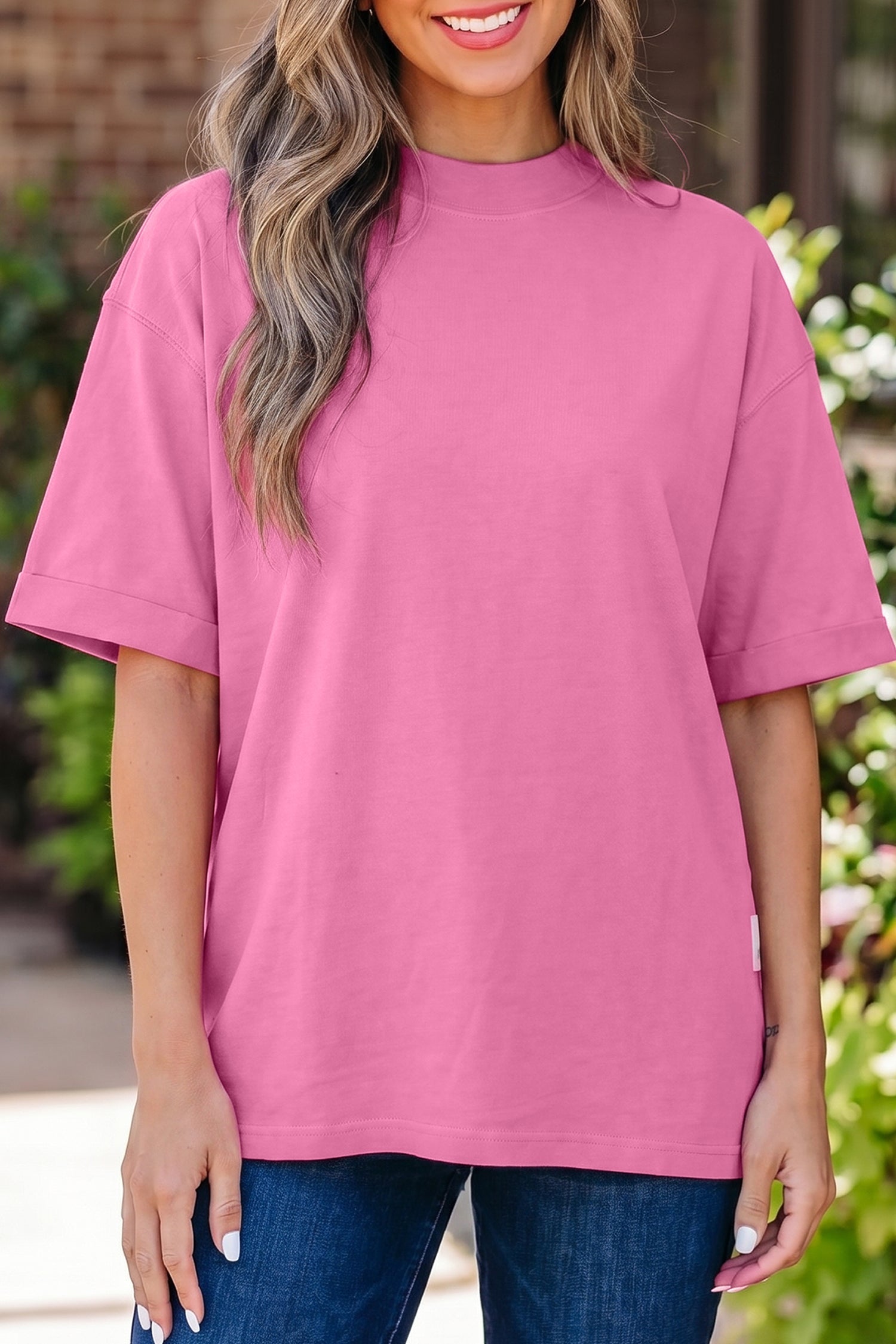 Sachet Pink Solid Color High Neck Oversize Tee
