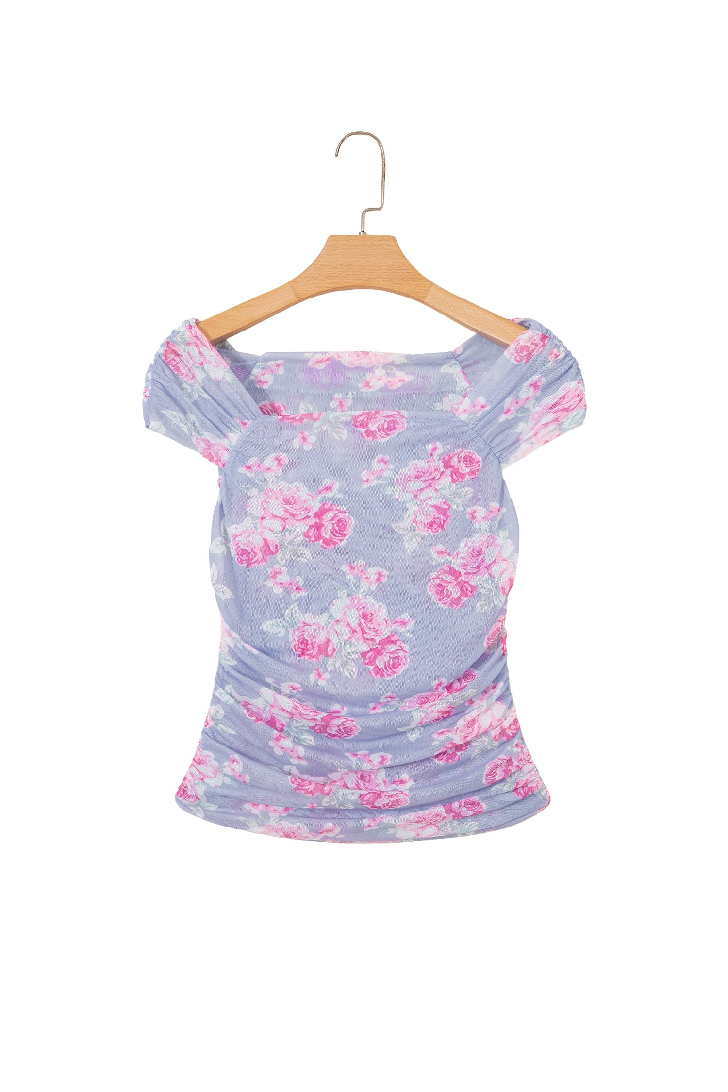 Sky Blue Square Neck Cap Sleeve Ruched Floral Mesh Top