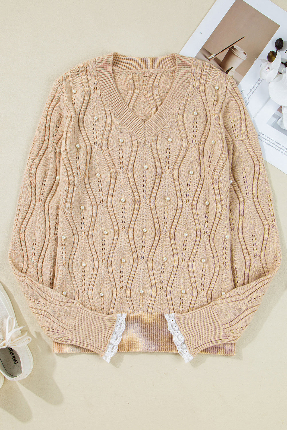 Smoke Gray Pearl Beaded Pointelle Knit V Neck Lace Patchwork Sleeve Sweater
