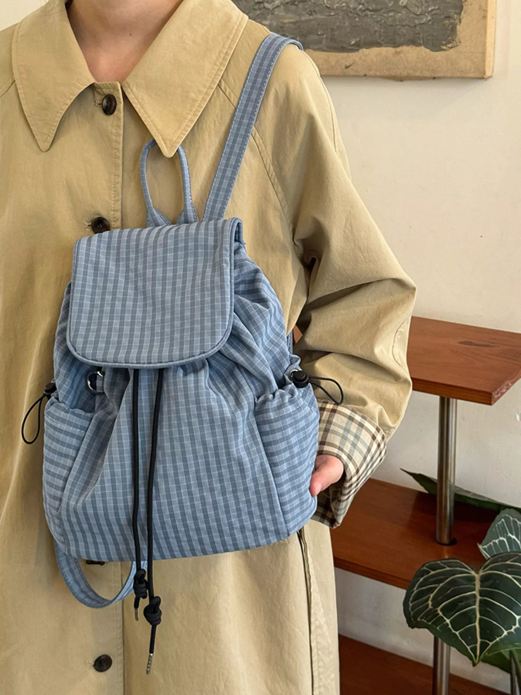 Plaid Drawstring Closure Backpack Bag