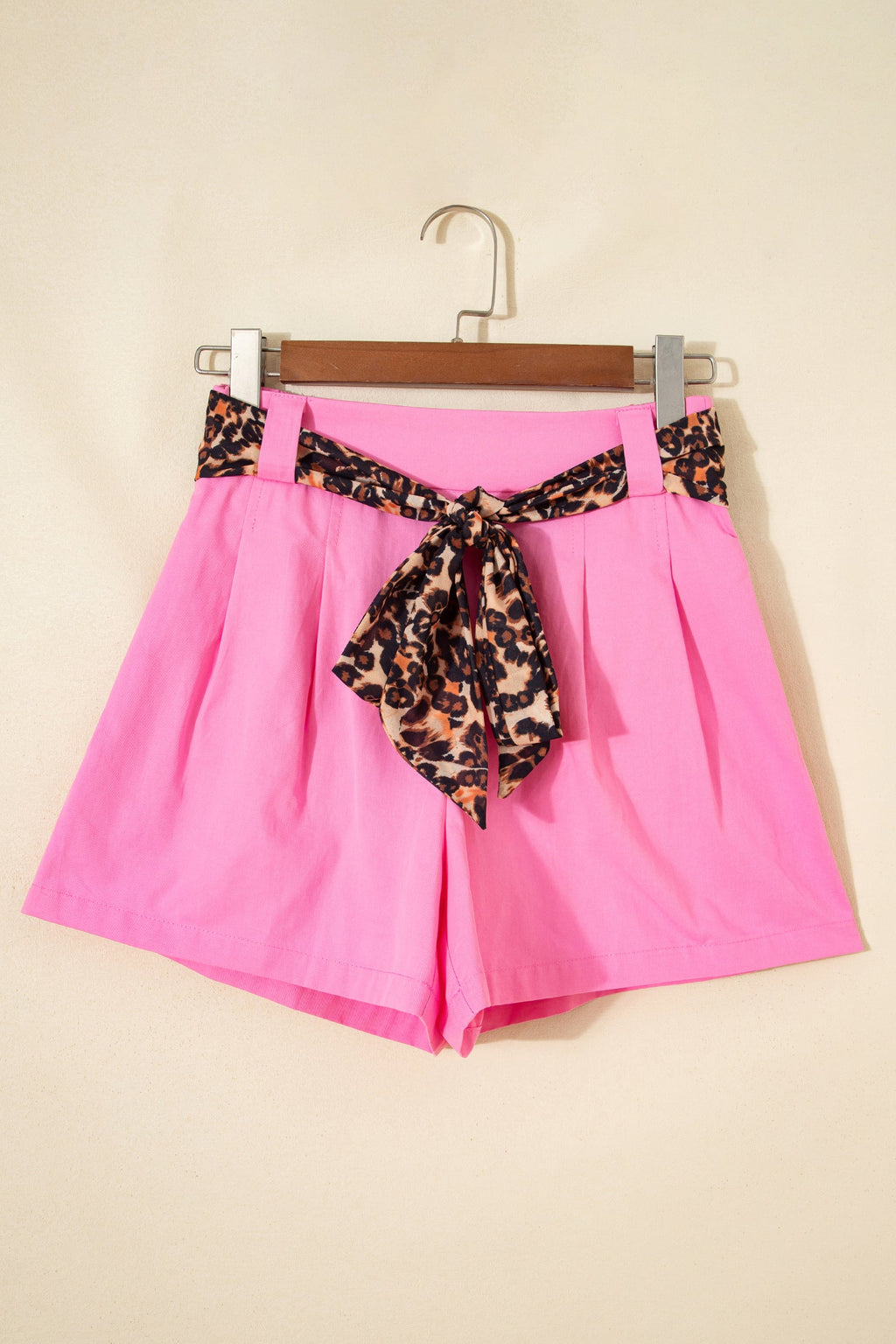 Bright Pink Leopard Contrast Sash Belt Pleated Wide Leg Shorts