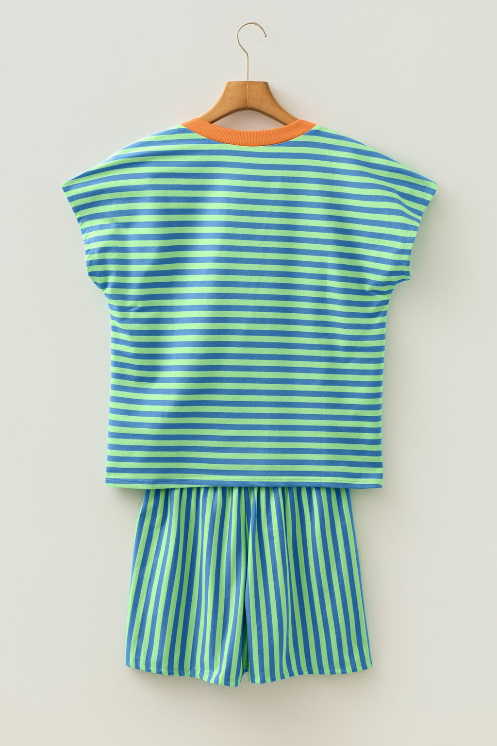 Green Stripe Colorblock Trim V Neck Tee Drawstring Elastic Waist Short Set