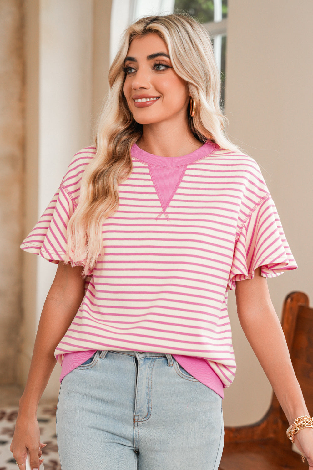 Bright Green Striped Ruffle Sleeve Round Neck Top