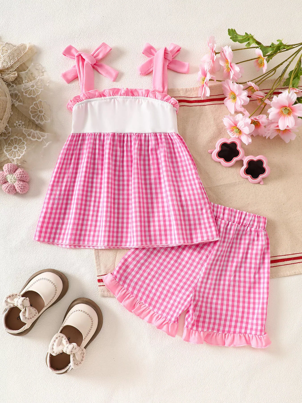Children's Floral Applique Gingham Cami Top & Shorts Set
