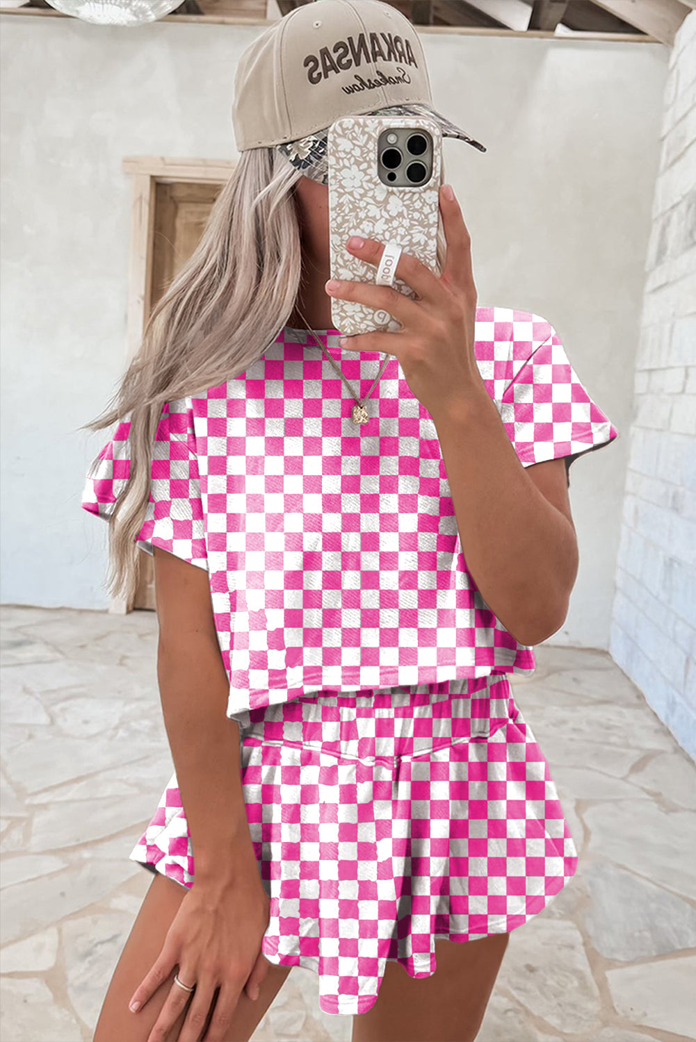 Brown Checkerboard T Shirt and High Waist Skorts Set
