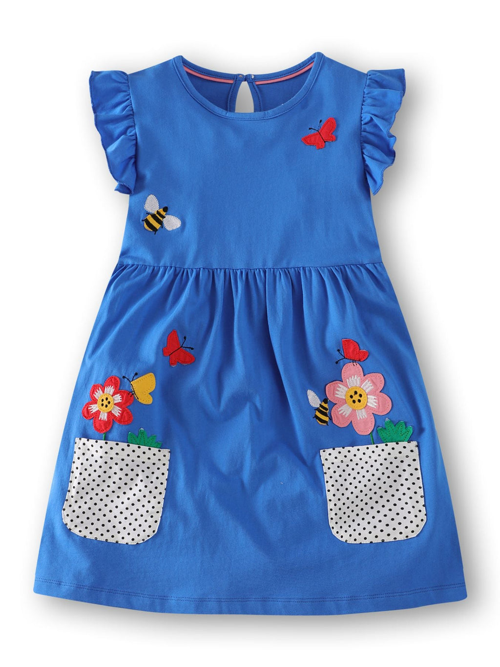 Children's Bird Applique Pocket Ruffle Sleeve Dress