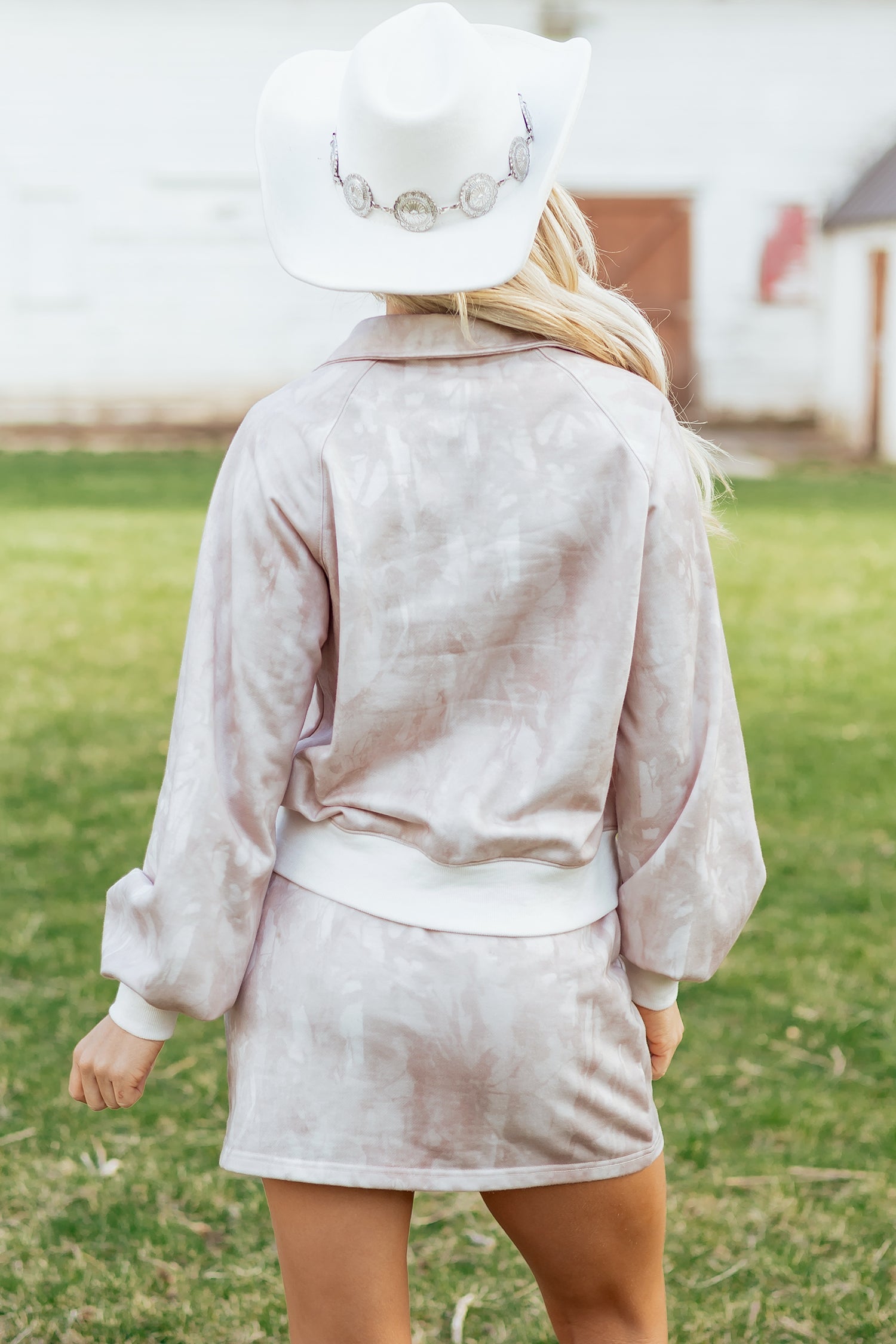 White Abstract Woodland Print Balloon Sleeve Pullover Drawstring Mini Skort Set