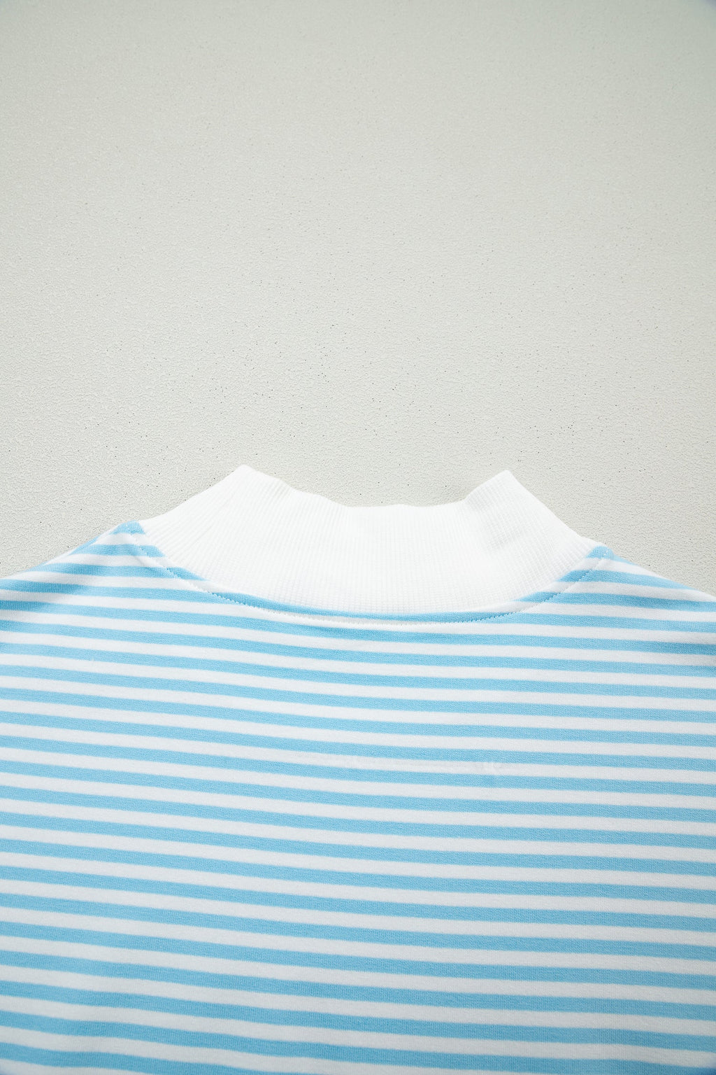 Sky Blue Stripe Oversize Mock Neck Sweatshirt and Shorts Set