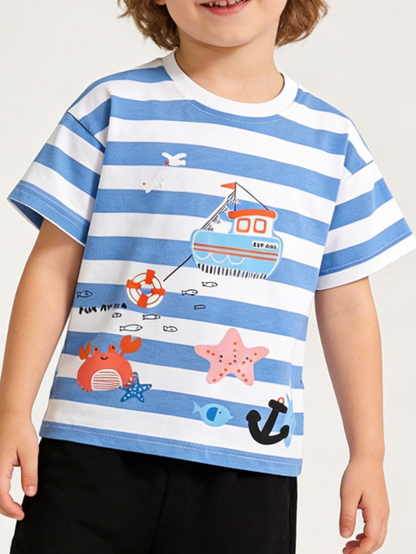 Children's Striped Printed Round Neck T-Shirt