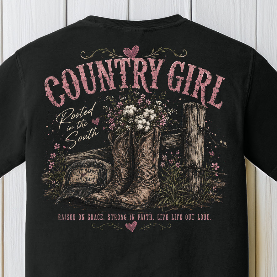 Country Girl Comfort Colors T-Shirt – Rooted in the South Western Boots Graphic Tee by Back Porch Apparel