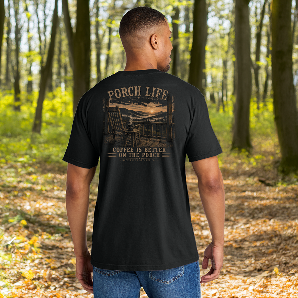 Porch Life Coffee Is Better on the Porch Comfort Colors Black T-Shirt | Rustic Coffee Lover Graphic Tee