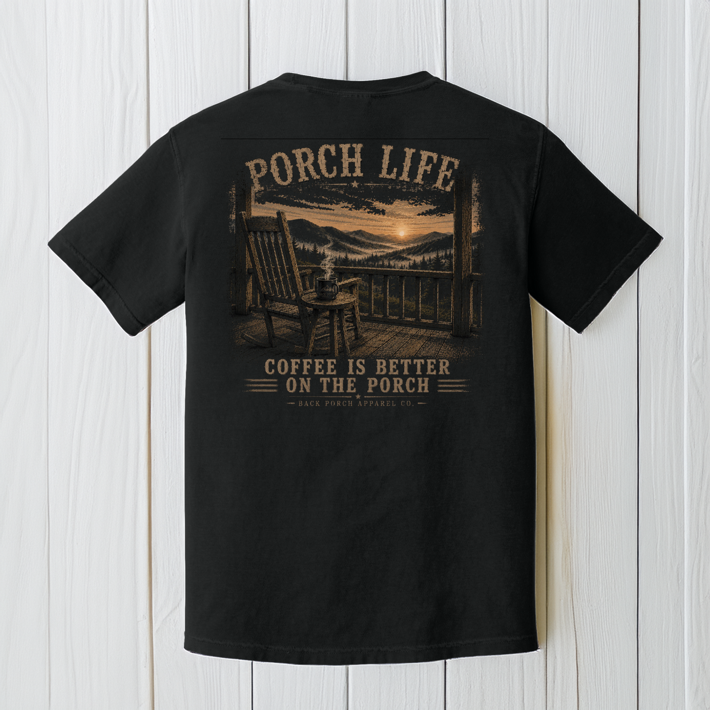 Porch Life Coffee Is Better on the Porch Comfort Colors Black T-Shirt | Rustic Coffee Lover Graphic Tee