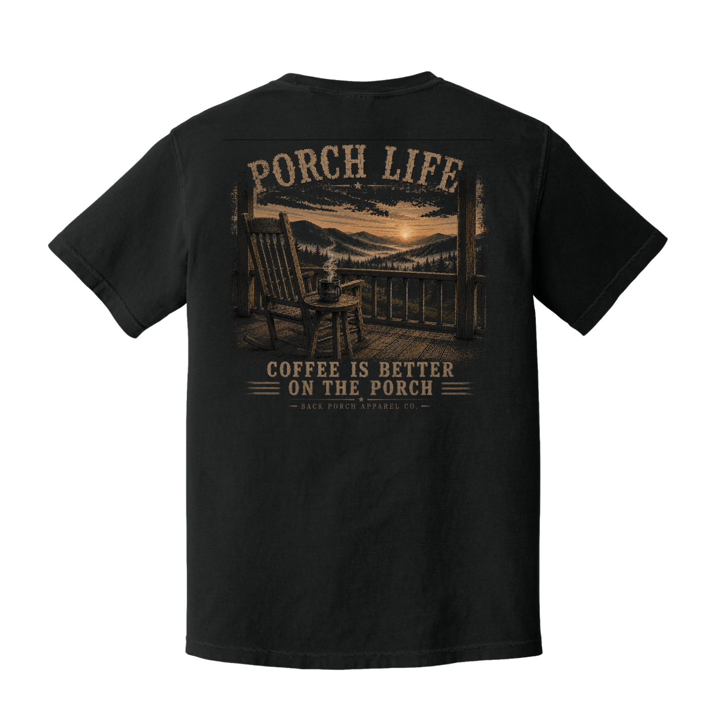 Porch Life Coffee Is Better on the Porch Comfort Colors Black T-Shirt | Rustic Coffee Lover Graphic Tee