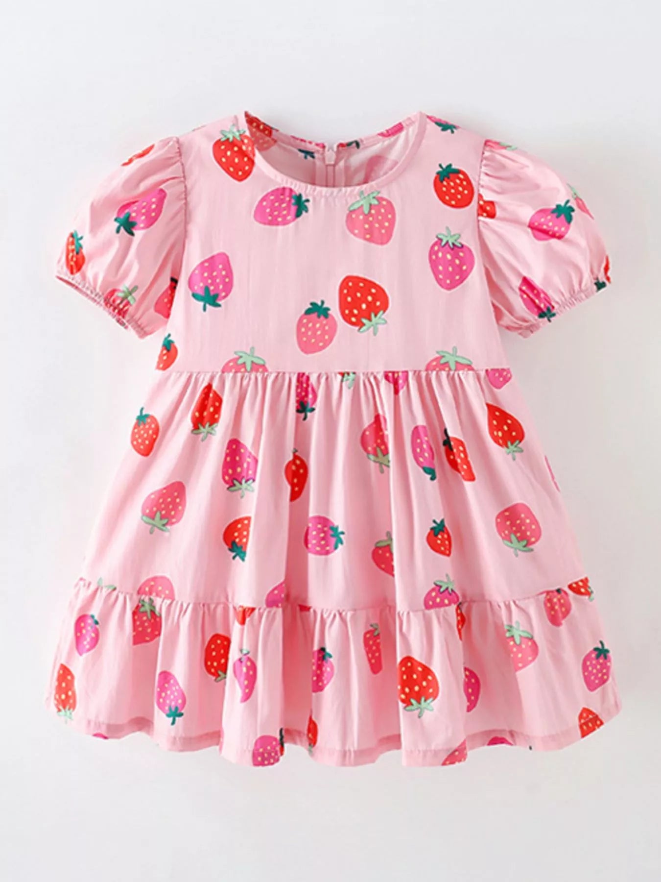 Children's Strawberry Print Tiered Puff Sleeve Dress